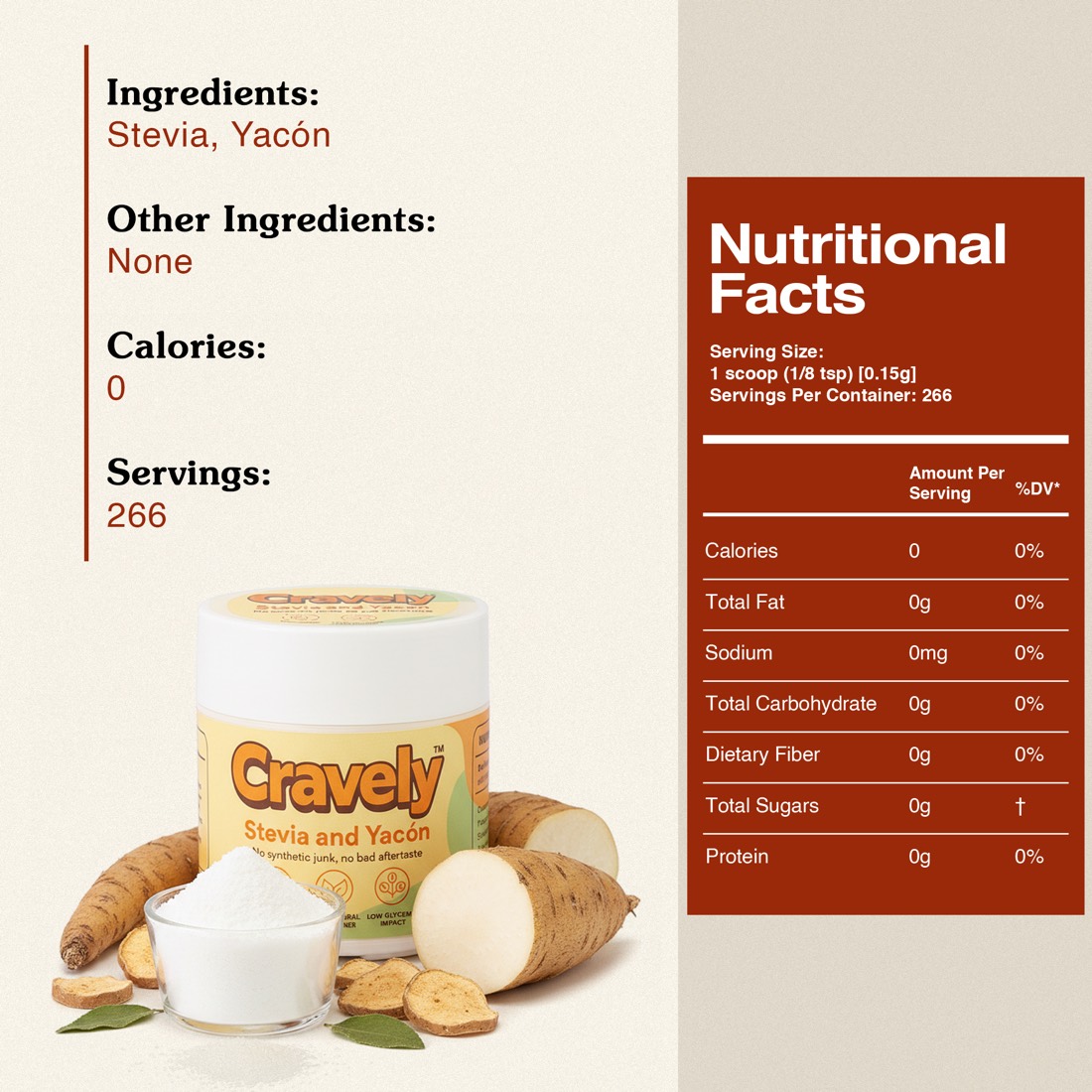 Ingredients: stevia and yacon. Other ingredients: none.